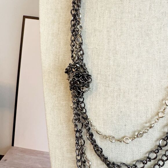 Chico’s Layered Knotted Chain Bezel Set Crystal Draped Statement Necklace - Picture 9 of 13